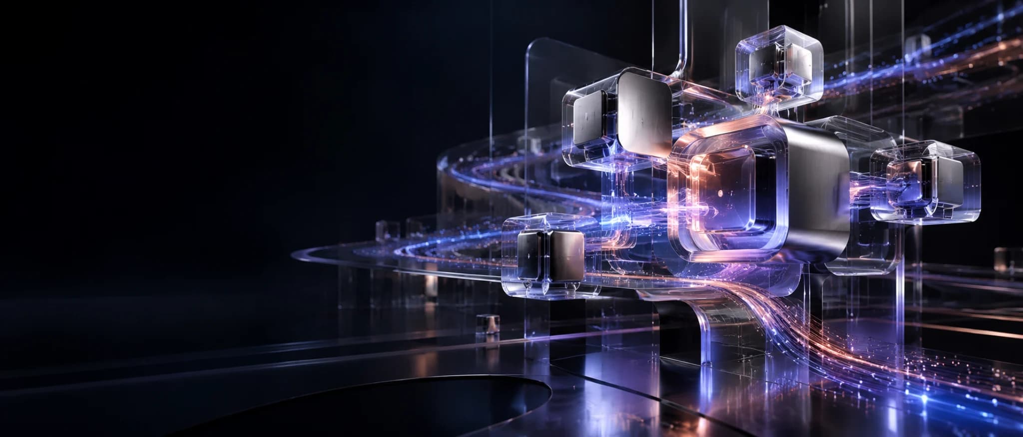 Abstract connected glass system with flowing light